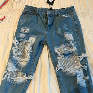 Ripped rhinestone fashion nova boyfriend jeans